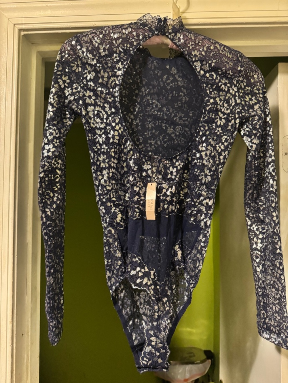 Victoria Secret/ PINK Navy & Silver open back lace long sleeve bodysuit